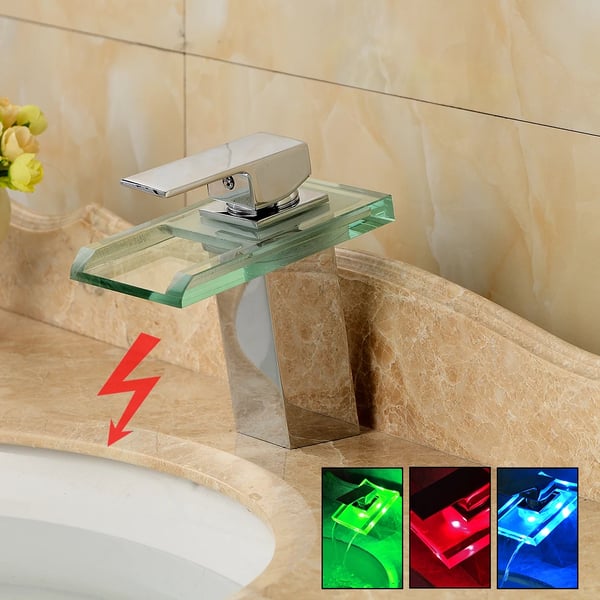 LED Temperaturfølsom Vandhane, Messing- og Glas Konstruktion, Batteridrevet, Keramisk Ventilkern, Dimensioner 75mm x 173mm