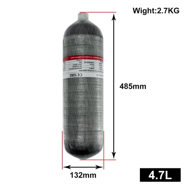Højtrykscylinder, Carbonfiber Materiale, 300 Bar Kapacitet,4.7L med ventil