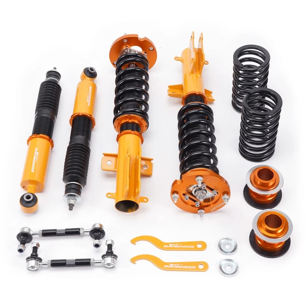 Coilover-jousituspaketti, säädettävä korkeus 505-665 mm edessä, säädettävä korkeus 500-585 mm takana, jousikovaus 8 kg/mm edessä