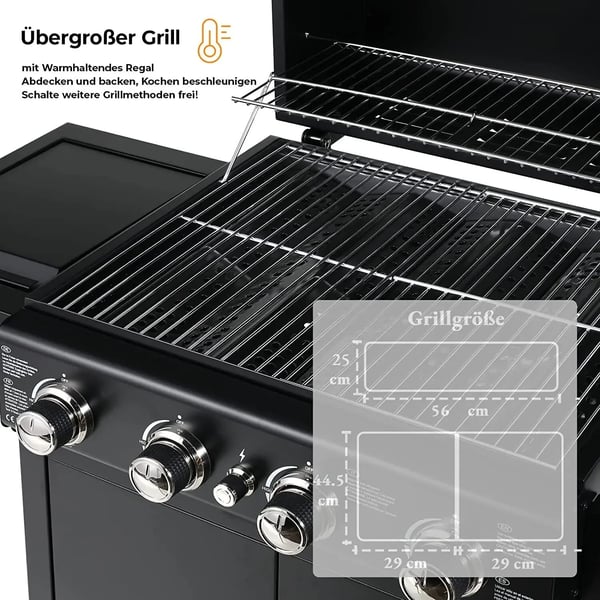 Gasgrill, 4 brændere, piezoelektrisk tænding, naturgas, 122 cm højde, stål konstruktion