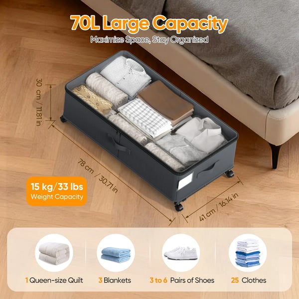 Opbevaringsskuffer til underbed, 70L kapacitet, 360° roterende hjul,A