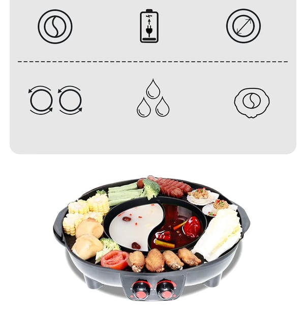 Elektrisk Hot Pot Grill, Dobbelt Temperaturkontrol, Røgsfri Madlavning, Holdbar Non-Stick Pande