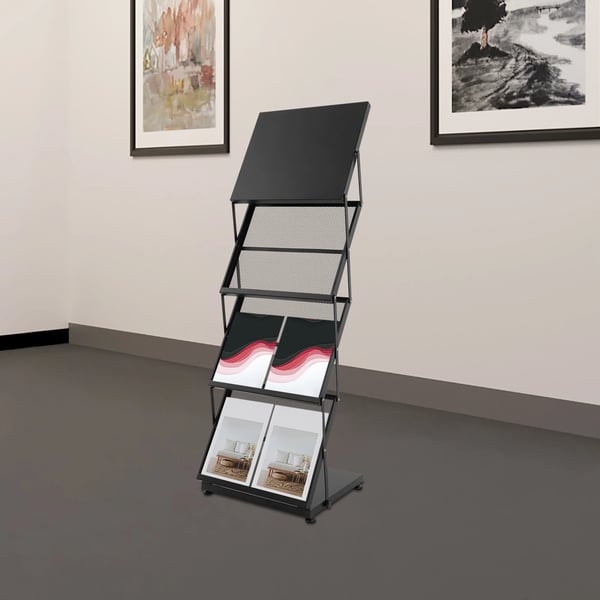 Brochure Display Stand, Premium Jernmateriale, 3-Tiers Design, Foldbar for Nem Opbevaring, Justerbar Topplade, 17,7 x 14 Tommer Base