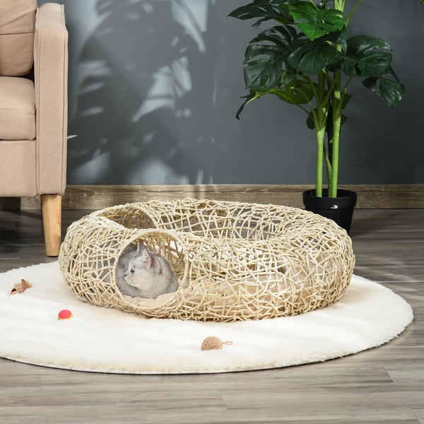 Kattebed, Blød Pude, Stilfuldt Rattan Design,78X69X22 cm, Naturligt Træ