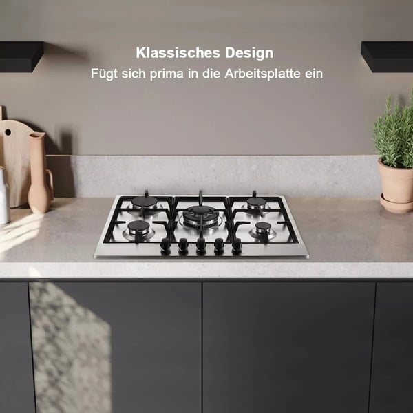 5-brænder gaskogeplade, indbygget design, elektronisk tænding, rustfrit stål finish