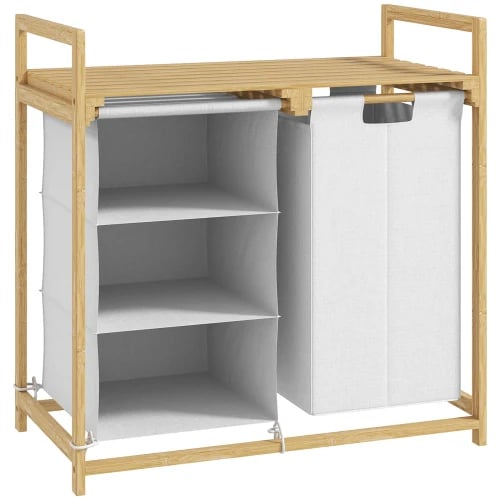 Pyykkikori, bambumateriaali, mitat 70 x 36 x 70 cm, 3 osastoa, 13 kg kantokyky, kevyt sivukahvoilla
