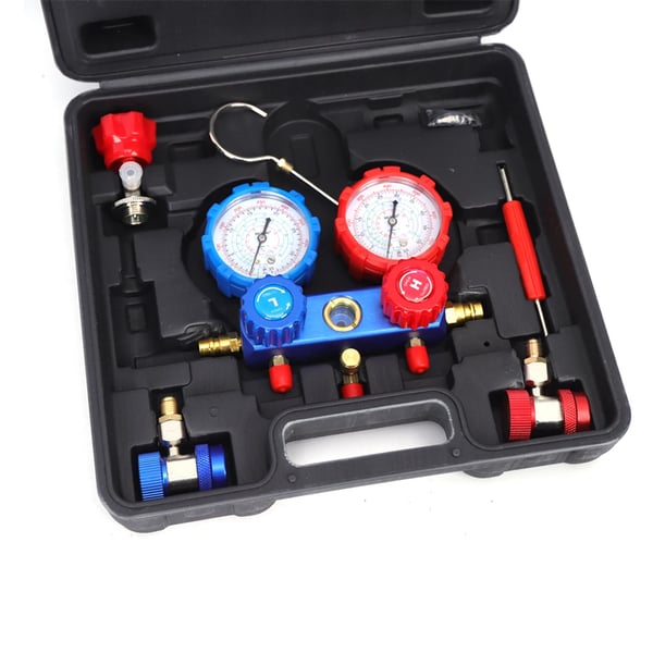 Manifoldmåler Sæt, Slangelængde 60 tommer, Maks. Tryk 500 PSI, Brudtryk 2500 PSI, Kompatibel med R40 R22 R134a R404a, Inkluderer Synsglas