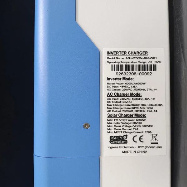 Hybrid sol inverter, 6,2 kW nominel effekt, 120A MPPT solopladning, 230V indgangsspænding,ANJ-6.2KW-48V-WIFI