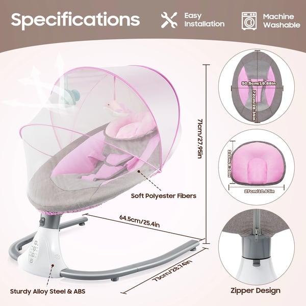 Babysving, Elektrisk, 4-Hastighedsfunktion,Pink