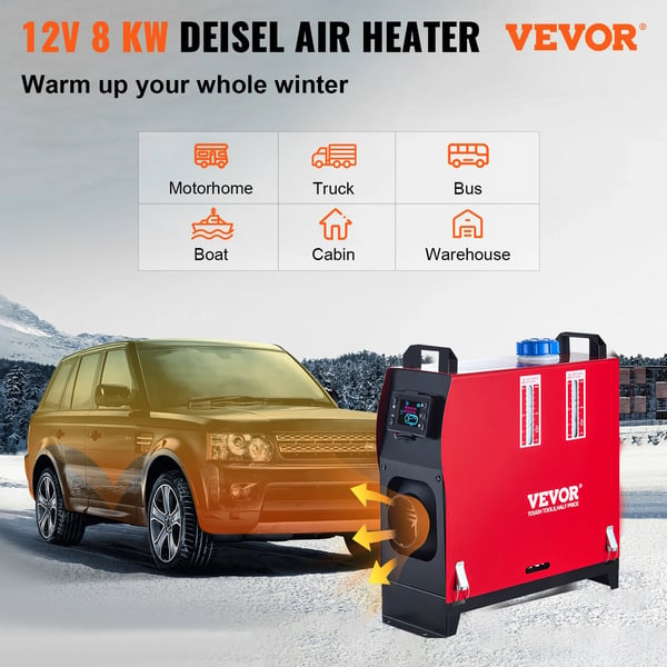 Diesel-lämmitin, 8 kW teho, 12V jännite, dieselpolttoaine, käyttö lämpötila -40℃ - +50℃, alhainen polttoaineen kulutus 0.18-0.48 L/h