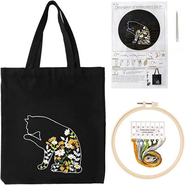 Canvas Tote Bag Broderi Sæt, 3 Pak, Bomulds Materiale, Taske Størrelse 34 x 40 cm, Ramme Størrelse 20 x 20 cm, Tegneserie/Plante Mønstre