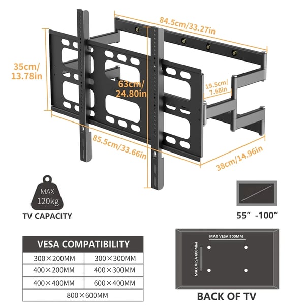 Full Motion TV-väggfäste, stöder 55”-100” TV-apparater, 120 kg viktkapacitet,svart