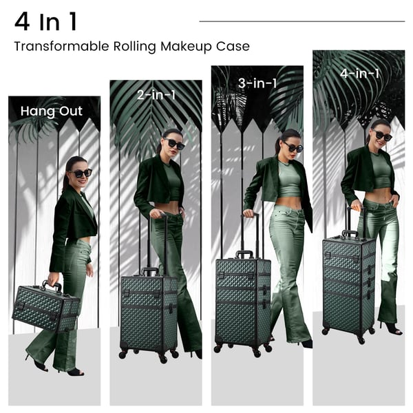 Makeup Train Case, Rullende Design, 4-i-1 Funktionalitet,Mørkegrøn