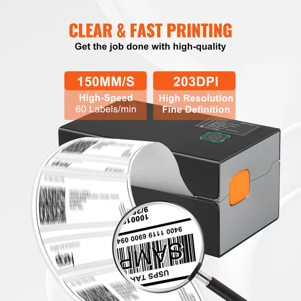 Termisk Etiketprinter, Bluetooth- og USB-forbindelse, 150 mm/s Udskrivningshastighed,300dpi