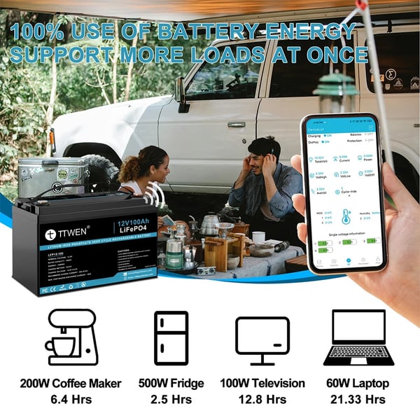 Lithiumbatteri, 12V, 100Ah, 1280Wh kapacitet, 4000+ dybe cykler, Bluetooth-funktionalitet