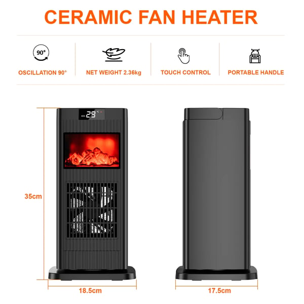 Elektrisk varmeblæser, PTC keramik teknologi, 1500W effekt niveauer, 90° oscillation