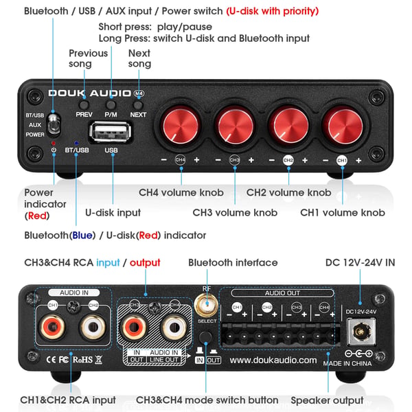 Digital effektforstærker, 50W pr. kanal, 4 kanaler, Bluetooth 5.0 kompatibilitet, USB musikafspilning, uafhængig lydstyrkekontrol