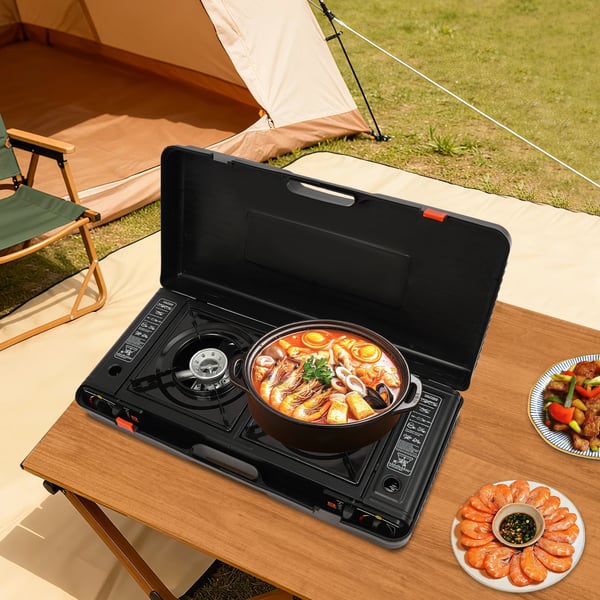 Campingkomfur, 2 Brennere, 2500W Hver, Kompakte Dimensioner, Bærbar Transporttaske, Piezoelektrisk Tænding
