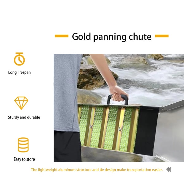 Guldsluiceboks, Aluminiumlegering, Længde 50 tommer, Bredde 9 tommer, Højde 2,6 tommer, Udvidet åbning 14 tommer