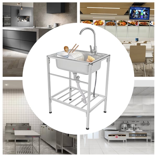 Køkkenvask, Fritstående Design, Varmt & Koldt Vandhane,Sølv