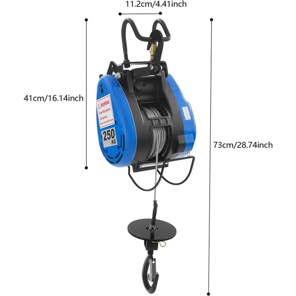Elektrisk vinsch, 230V, 1500W, 30m stålwire, 250kg belastningskapacitet, trådløs fjernbetjening