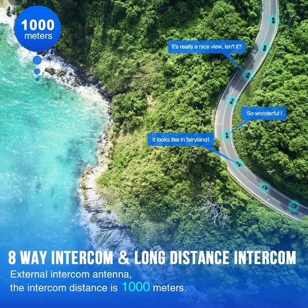Motorcykel Intercom, Bluetooth 5.0, 1000m Intercom Rækkevidde, 900mAh Batteri, Understøtter 8 Ryttere, Støjdæmpningsteknologi