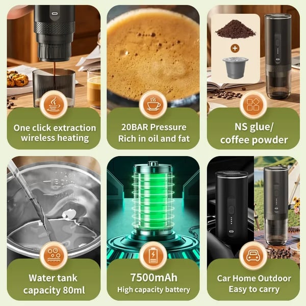 Bærbar Kaffemaskine, 80 ml Vandtank, 7500 mAh Batteri, 20 Bar Tryk, 92°C Ekstraktionstemperatur, Trådløs Design