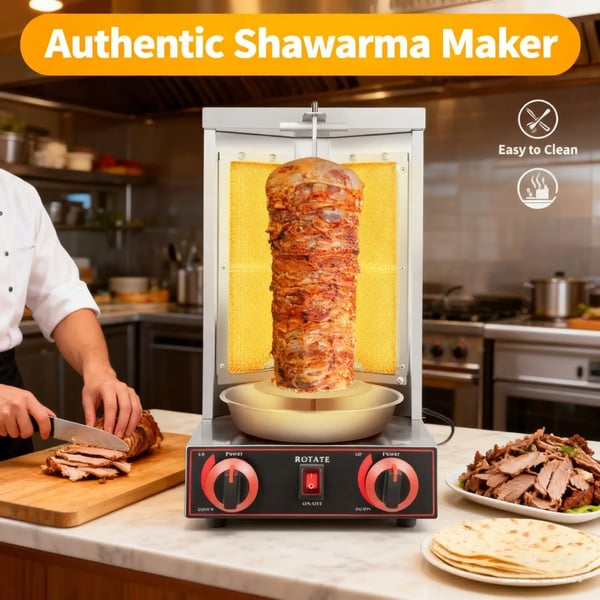 Gas Shawarma Maskine, 3000W Effekt, 220V Spænding, Temperaturinterval RT-300 °C, Dimensioner 29,5*30*48,5cm, Bakke Størrelse 29,5*13*2,3cm