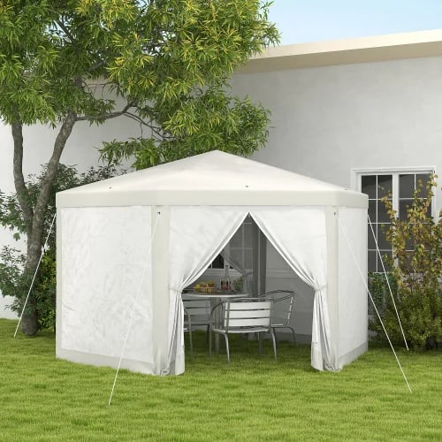 Kuusikulmainen paviljonki, polyesteri- ja metallirakenne, 394 x 341,2 x 250, Sivupituus 197 cm, Katon korkeus 250 cm, Räystään korkeus 200 cm