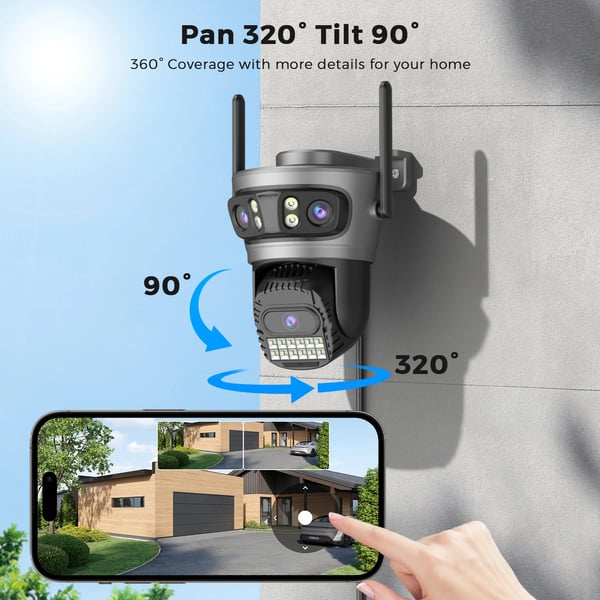Udendørs Kamera, Tri-Linse Design, AI Menneske Detektion,EU-stik, 15MP NE SD-kort