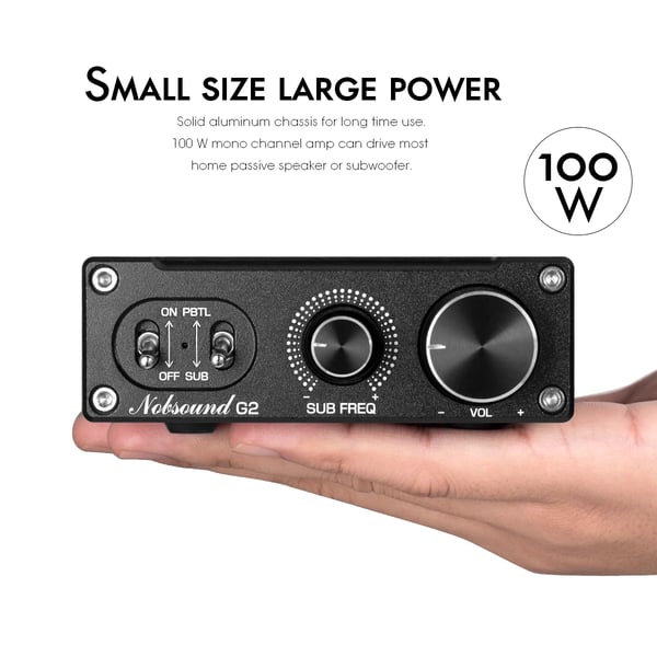 Digital forstærker, 100W maksimal effekt, 20Hz-20kHz frekvensrespons, 4-8Ω kompatibel impedans, 0,03% THD, DC12-24V arbejds spænding
