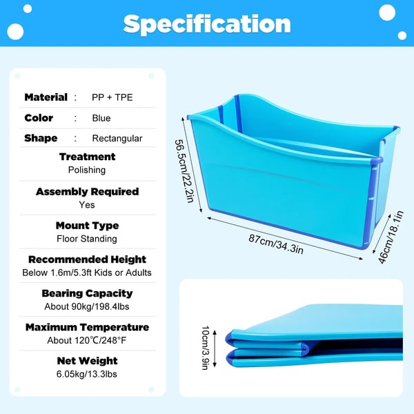 Badekar, Materiale: PP + TPE, Udfoldet Størrelse: 87*46*56,5 cm, Øverste Længde: 100 cm, Afløbsrør Længde: 1 m, Nettovægt: 7,5 kg