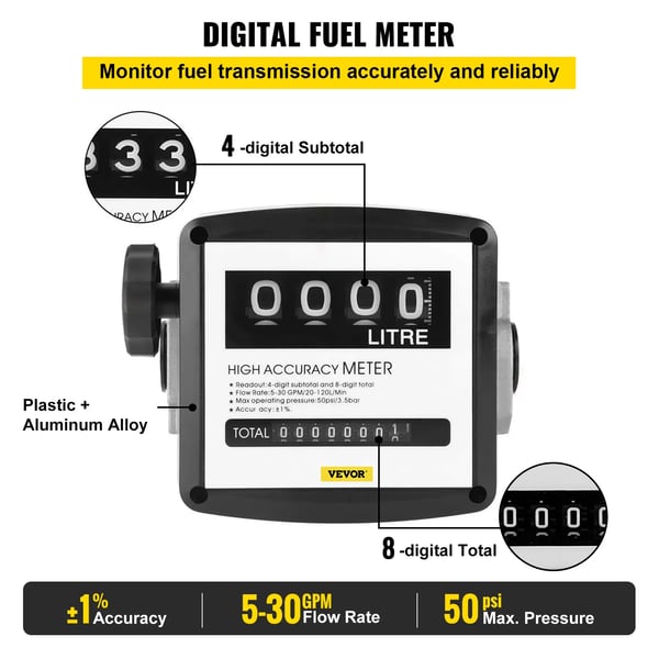 Brændstofoverførselspumpe, automatisk afbrydelse, digital måler,Maks 30m Flow Meter