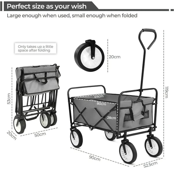 Havevogn, Belastningsevne 80 kg, Opbevaringsvolumen 98 liter, Dimensioner 90 x 52,5 x 119 cm, Stålramme, Sammenklappeligt design