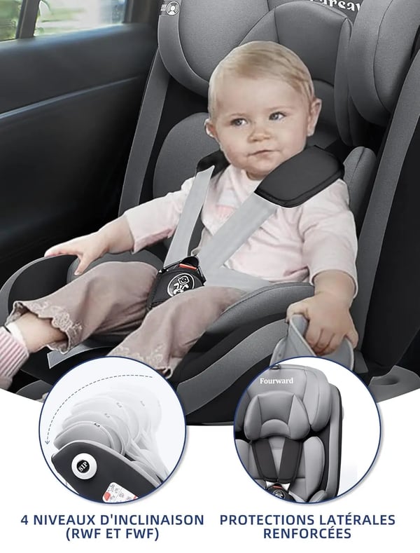 Lasten turvaistuin, käännettävä 360°, säädettävä pääntuki, 5-pisteinen turvavyö, ISOFIX-liitin, ECE R129 -sertifioitu