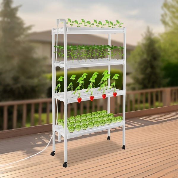Hydroponiskt växtsystem, 4 lager, 55 gallon/timme flödeshastighet, 6,56 fot pumplyft, PVC-material, universella hjul