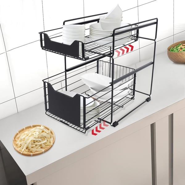 Under Sink Organizer Rack, Kulstofstål, 2-lags design, Dimensioner: 25,5x15,7x11,8 tommer, Belastningskapacitet: 30 pund, Alsidig opbevaringsløsning
