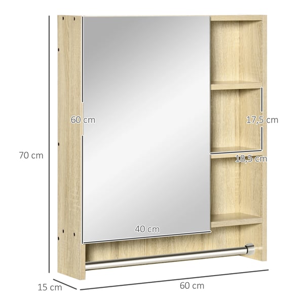 Badeværelsesskab, Eg Materiale, 60x15x70 cm Dimensioner, Væghængt Installation, Justerbare Hylder, Håndklædeholder Inkluderet