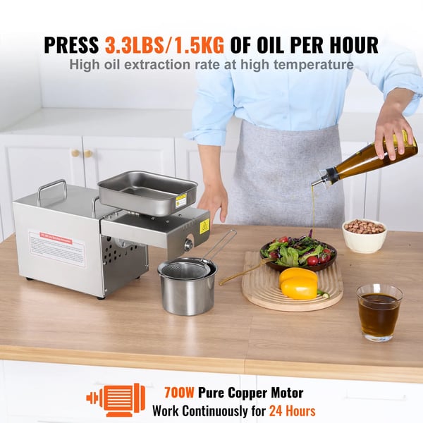 Elektrisk oliepressemaskine, 700W effekt, 1,5 kg/time kapacitet, 140℃ temperaturkontrol, kontinuerlig drift, fødevaregodkendt rustfrit stål