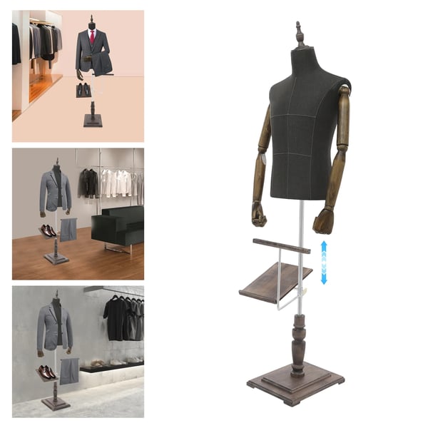 Mandlig Mannequin Torso, Højdejusterbar, Pinnable Design,Mørk Grå