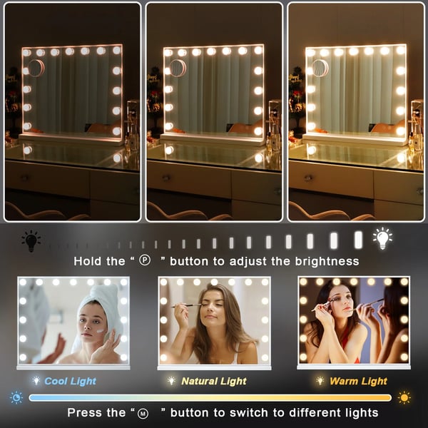 Makeup Spejl, 15 Dæmpbare LED-pærer, Berøringskontrol,5846USB-Hvid