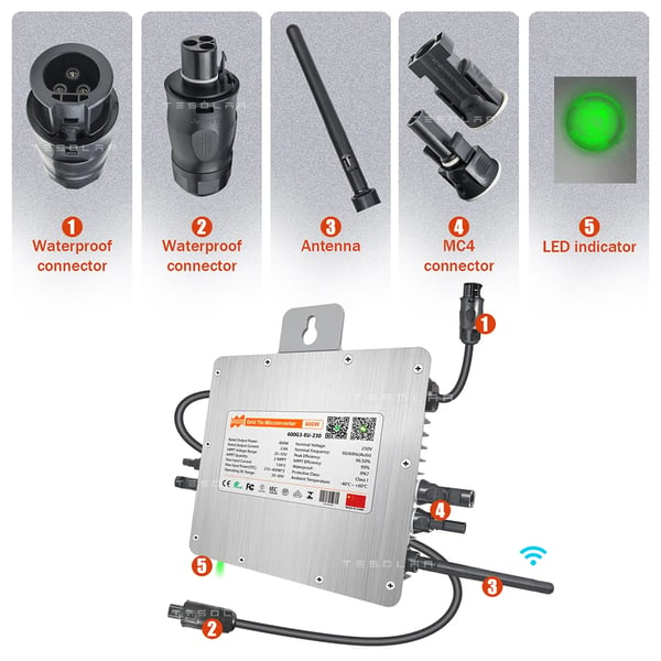 Solarmikroinverter, 600W kapacitet, IP67 vandtæt rating,230V(184-265V AC), 20-60V DC