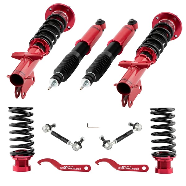 Coilover-jousitussarja, 24-suuntaisesti säädettävä iskunvaimennin, 8 kg/mm etujousen jäykkyys, 6 kg/mm takajousen jäykkyys, säädettävä korkeus 505-665 mm edessä, säädettävä korkeus 500-585 mm takana