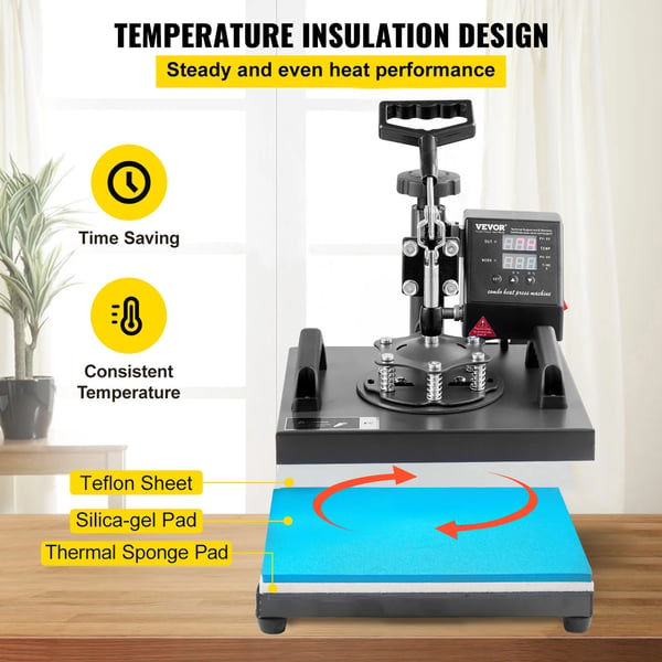 Varmepressemaskine, Plade 10 x 12 tommer, Kasketpresser 5,5 x 3 tommer, Effekt 650 W, Temperaturinterval 0 - 250 ℃, Tidskontrol 0 - 999 s