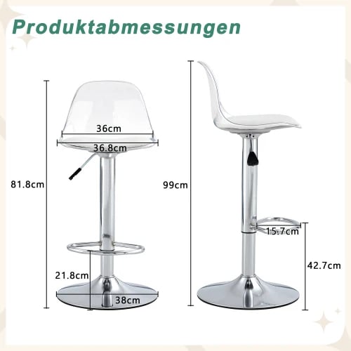 Barstol, Höjdjustering 81,8 cm till 99 cm, 360° Rotation, Ergonomisk Ryggstöd, Silverfärgade Metallben, Självständig Installation