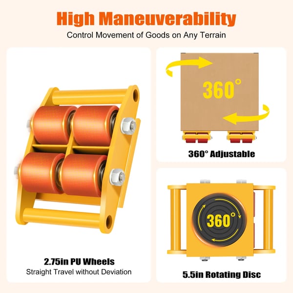 Maskinflytter Dolly, 360-graders rotation, Maksimal belastning 13228 lbs, Hjuldiameter 2.75in, Højkvalitets stål konstruktion