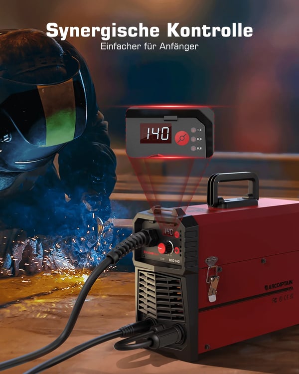 MIG svejsemaskine, 4-i-1 funktionalitet, 8,4 kg vægt, 13,7 x 5,3 x 9,45 tommer dimensioner, EU stiktype, CE certificeret