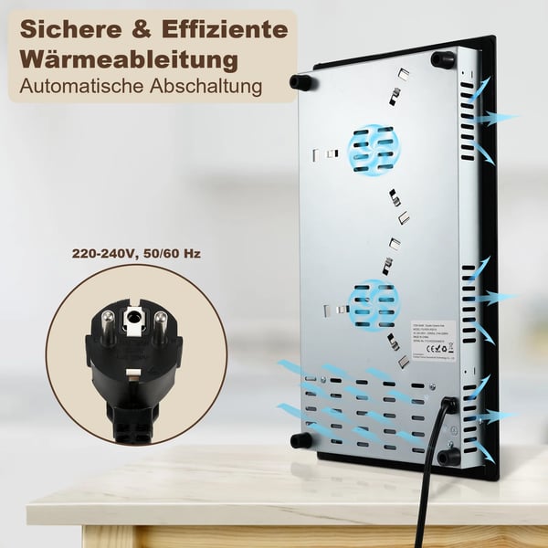 Elektrisk kogeplade, 2 kogezoner, 3000 W, berøringskontrol,EU, Sort
