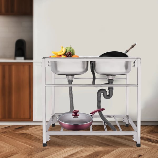 Kommersiel dobbeltvask, rustfrit stål 304, 32,7*17,3*30,3 tommer, belastningskapacitet 75 kg, justerbar højde 3 cm, vandhulsdiameter 3 cm
