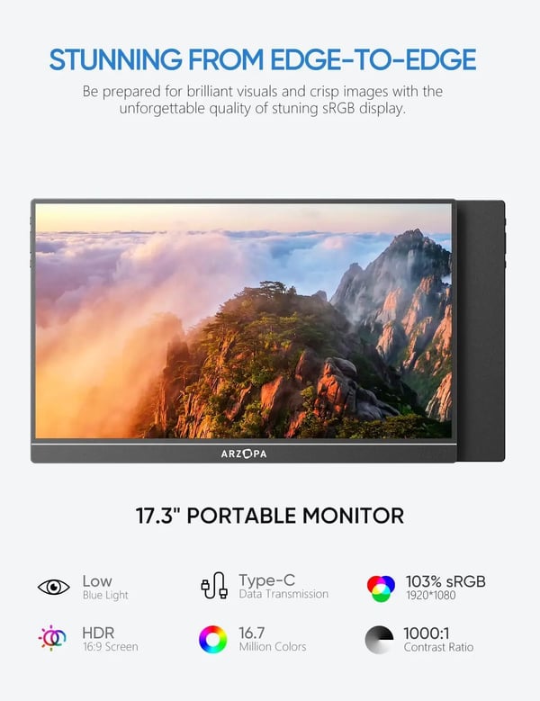 ARZOPA Bærbar Skærm, Full HD 1080P Opløsning, IPS Skærmteknologi,17,3 1080P 100sRGB
